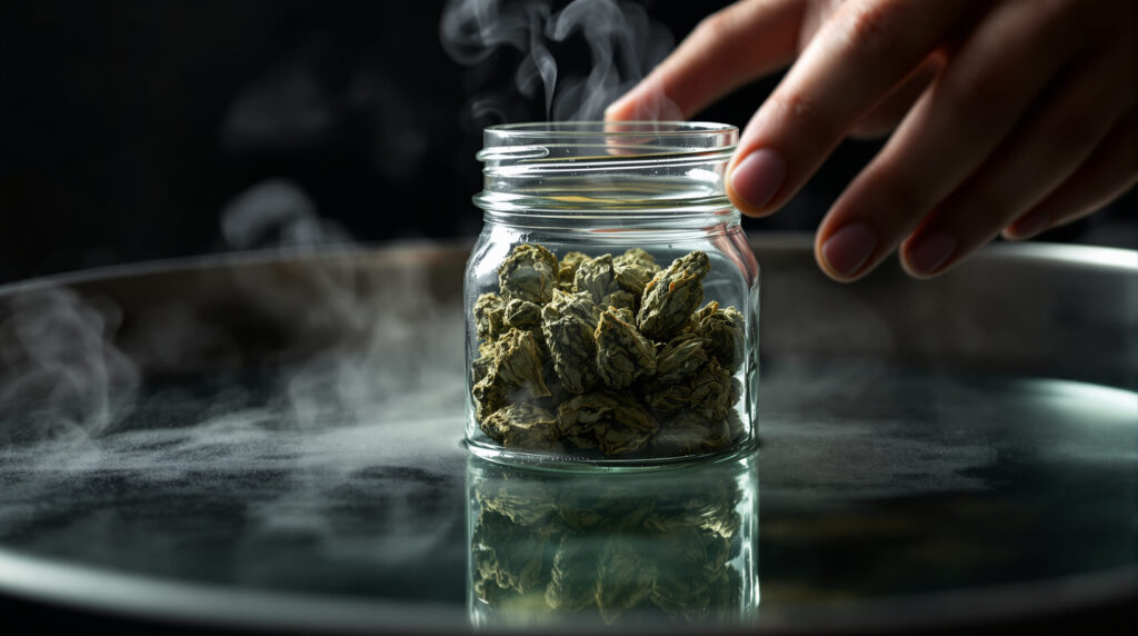 Einmachglas mit Cannabis in Wasserbad für Sous-vide-Decarboxylierung