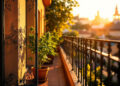Privater Balkon in Spanien mit Cannabispflanze hinter Sichtschutz