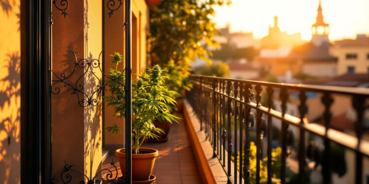 Privater Balkon in Spanien mit Cannabispflanze hinter Sichtschutz