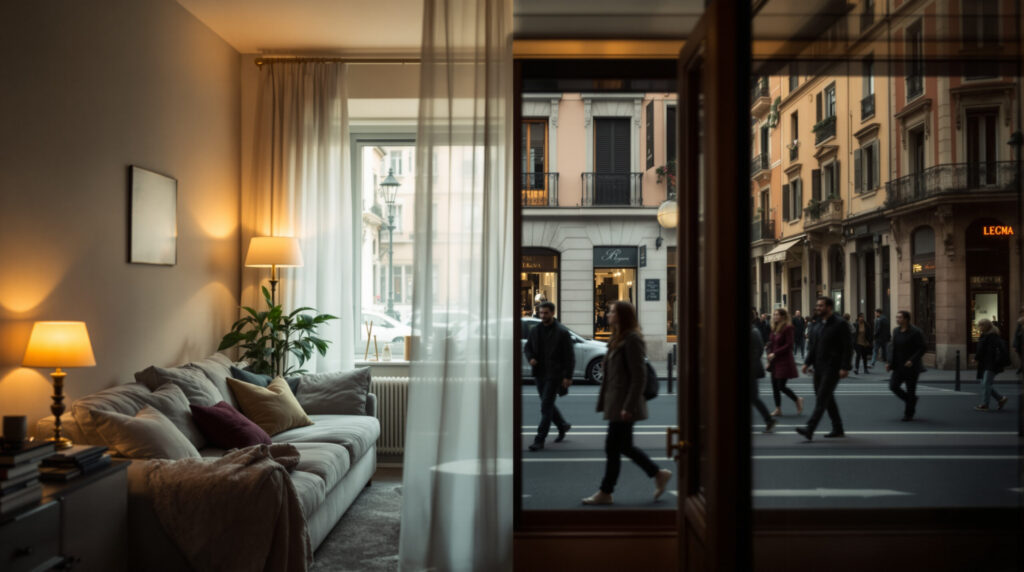 Geteilte Ansicht privater Wohnraum und öffentlicher Raum in Spanien