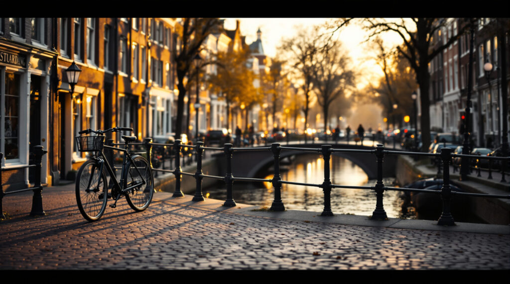 Kopfsteinpflasterstraße in Amsterdam am Morgen