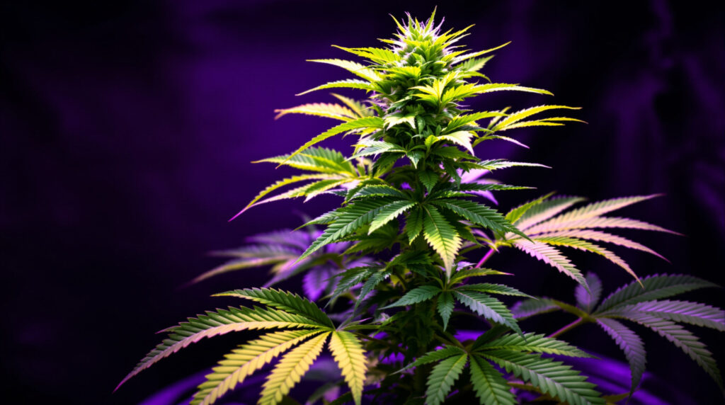Cannabispflanze mit gelben unteren Blättern bei gesunder grüner Spitze