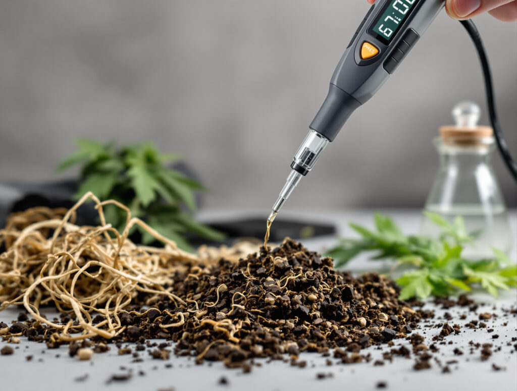 pH-Messung im Substrat einer Cannabispflanze zur Diagnose von Nährstoffproblemen