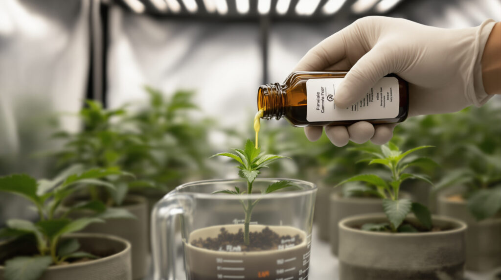 Dosierte Düngergabe zur Behebung eines Stickstoffmangels bei Cannabis