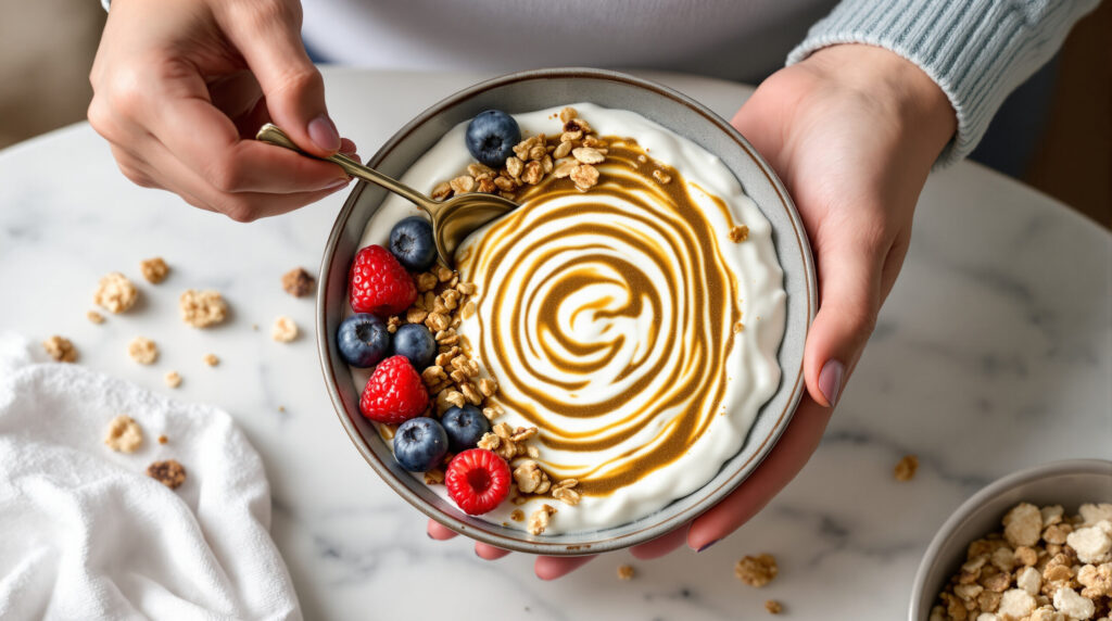 Müslischale mit Hanfsamen, Joghurt und Beeren von oben fotografiert