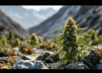 Wild wachsende Cannabis-Landrace-Pflanze in Gebirgslandschaft