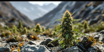 Wild wachsende Cannabis-Landrace-Pflanze in Gebirgslandschaft