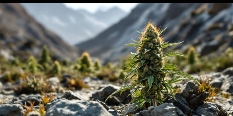 Wild wachsende Cannabis-Landrace-Pflanze in Gebirgslandschaft