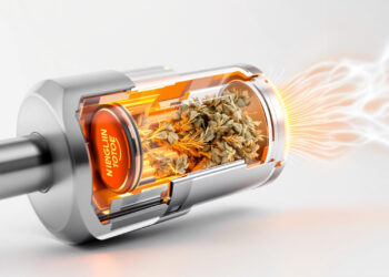 Querschnitt einer Vaporizer-Heizkammer mit Heizelement und Cannabis