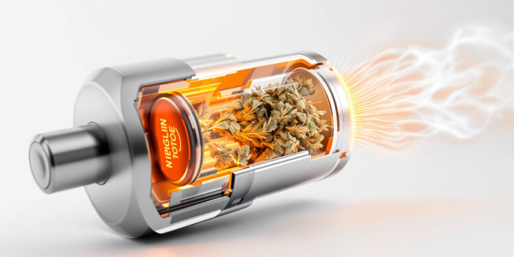 Querschnitt einer Vaporizer-Heizkammer mit Heizelement und Cannabis