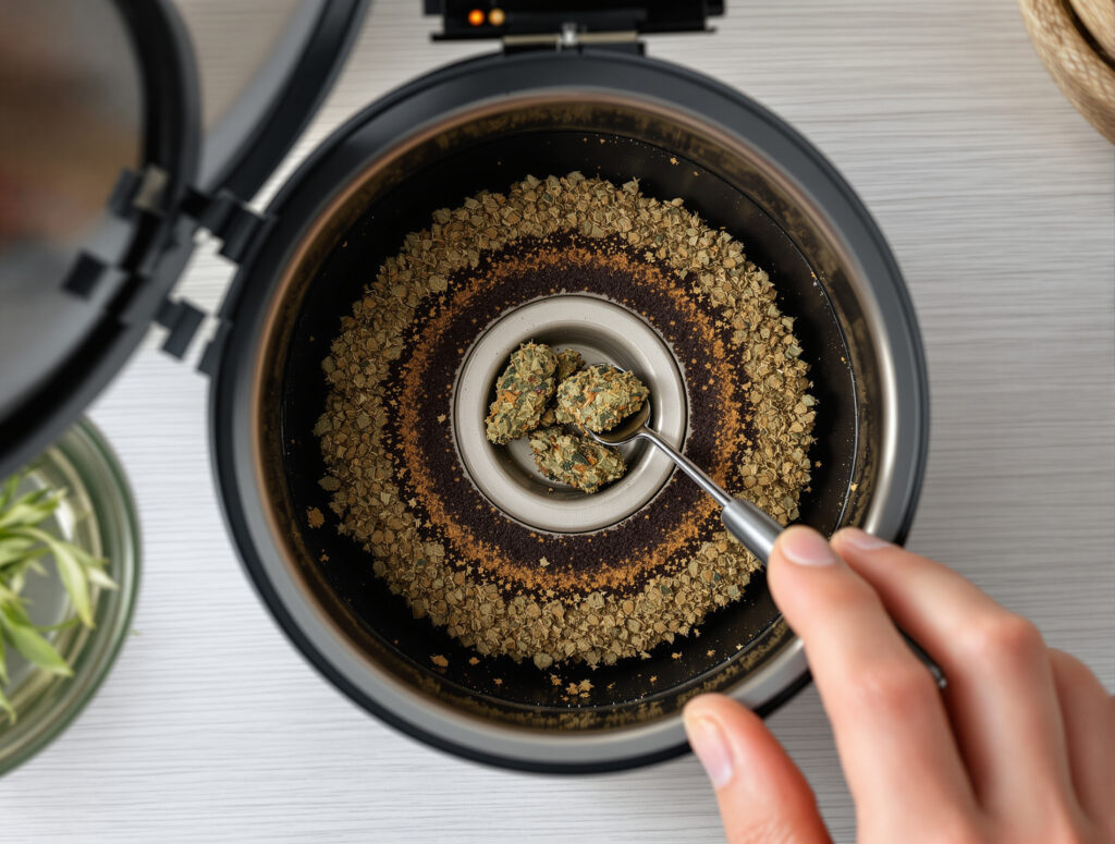 Hand rührt teilweise verdampftes Cannabis in Vaporizer-Kammer um