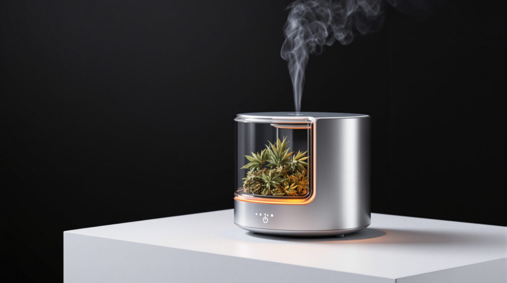 Moderner Kräutervaporizer mit Glaskammer auf minimalistischer weißer Fläche