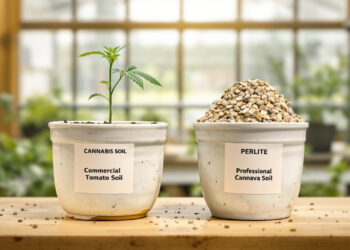 Zwei Töpfe mit Tomatenerde und Cannabis-Substrat im direkten Vergleich