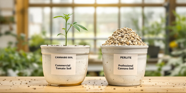 Zwei Töpfe mit Tomatenerde und Cannabis-Substrat im direkten Vergleich