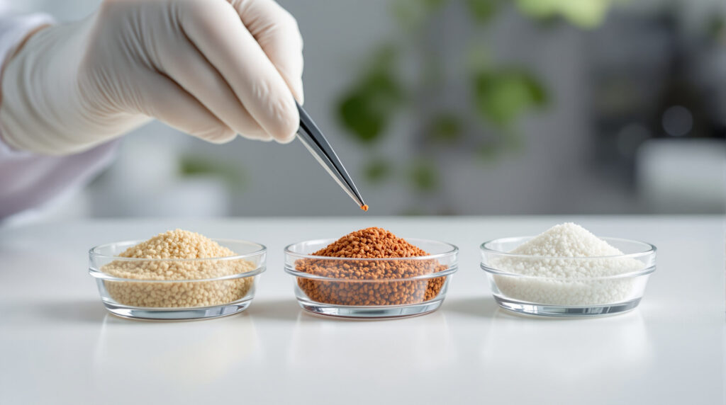 Makroaufnahme verschiedener Dünger-Granulate im Labor-Vergleich