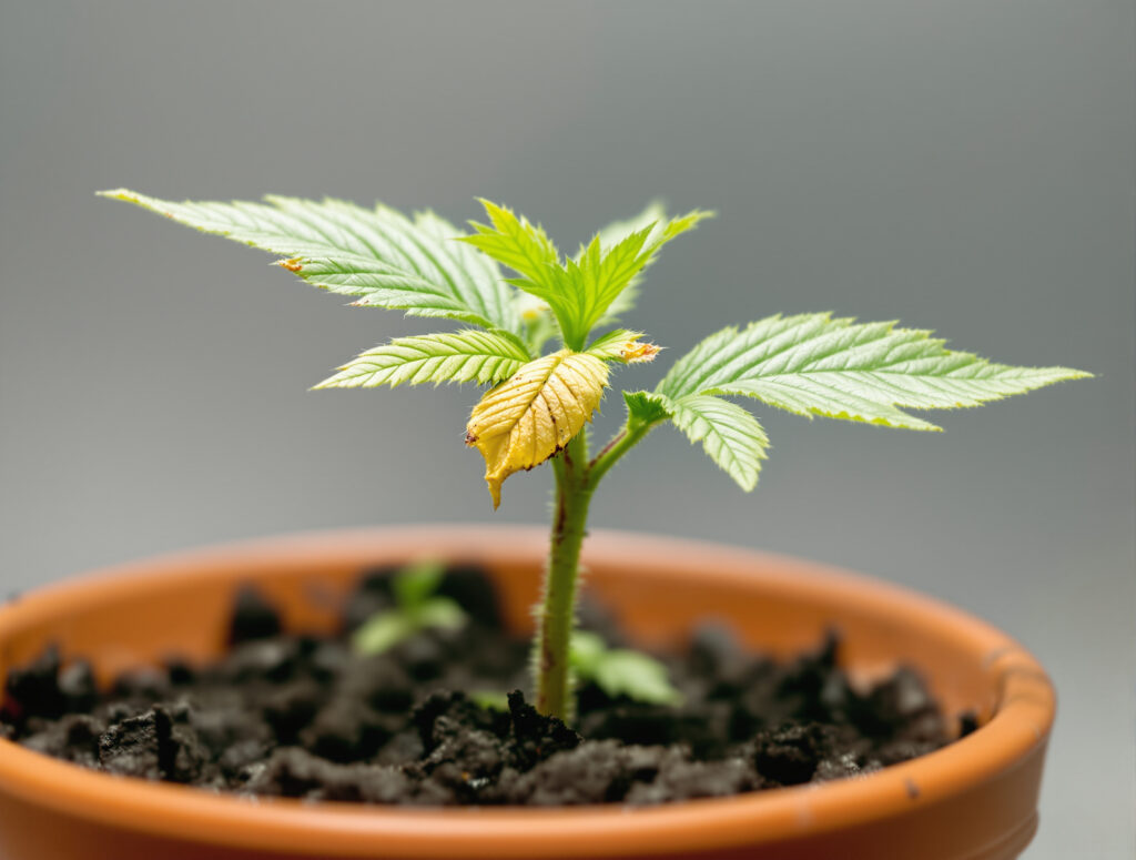 Junger Cannabis-Sämling mit Nährstoffbrand an den Blattspitzen