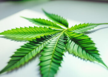 Frisches Cannabis-Fächerblatt auf weißer Laborfläche in Nahaufnahme