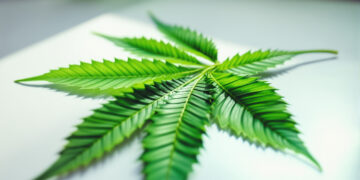 Frisches Cannabis-Fächerblatt auf weißer Laborfläche in Nahaufnahme