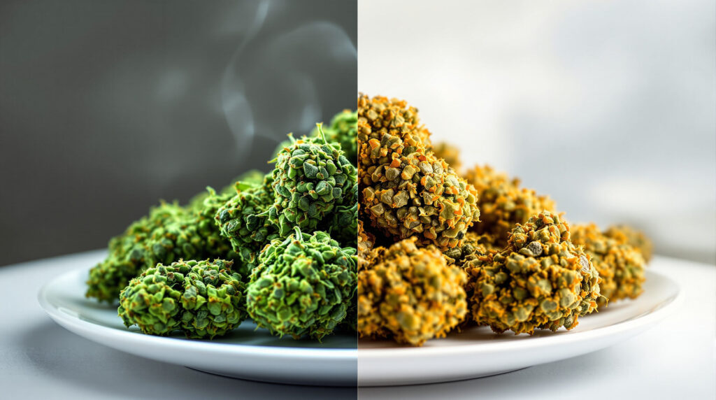 Vergleichsdarstellung roher und erhitzter Cannabisblüten nebeneinander