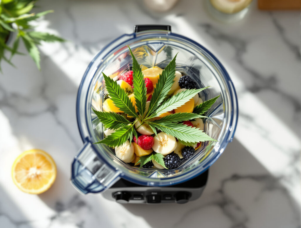 Mixer mit frischen Cannabisblättern und Obst für rohen Smoothie von oben