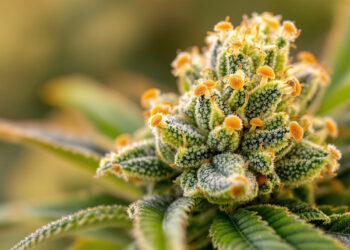 Nahaufnahme einer blühenden Cannabispflanze mit Trichomen und Pistillen