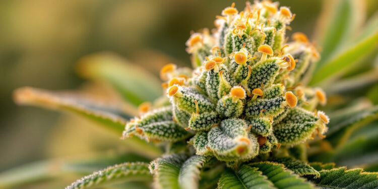 Nahaufnahme einer blühenden Cannabispflanze mit Trichomen und Pistillen