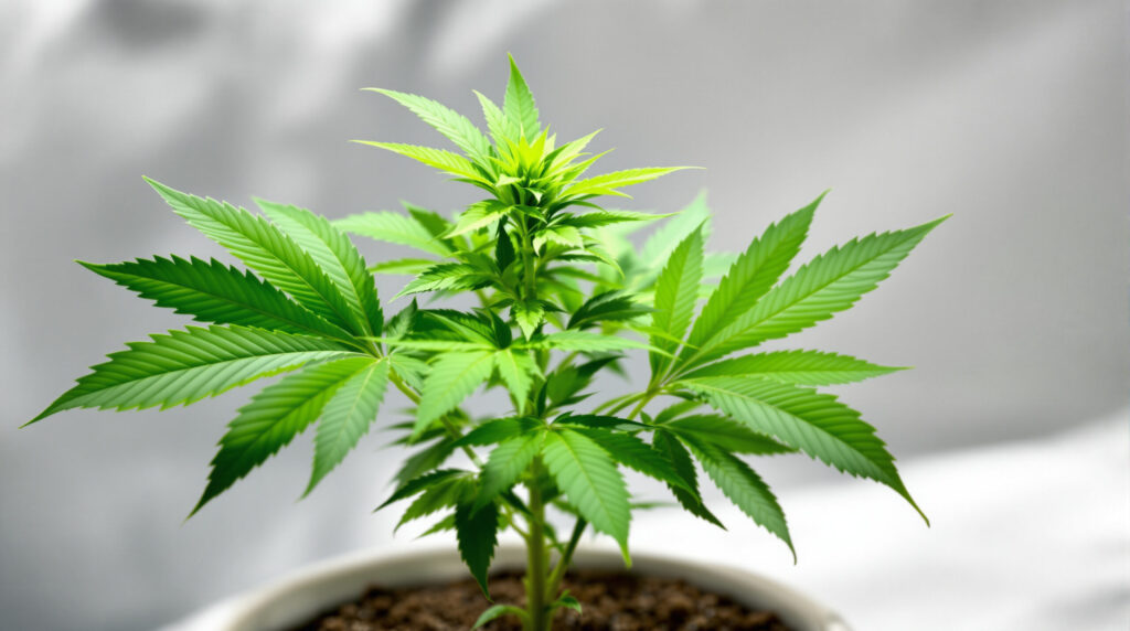 Junge Cannabispflanze in vegetativer Wachstumsphase unter LED-Licht
