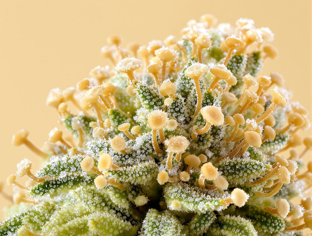 Makroaufnahme von Trichomen auf Cannabis-Blüte in voller Harzproduktion