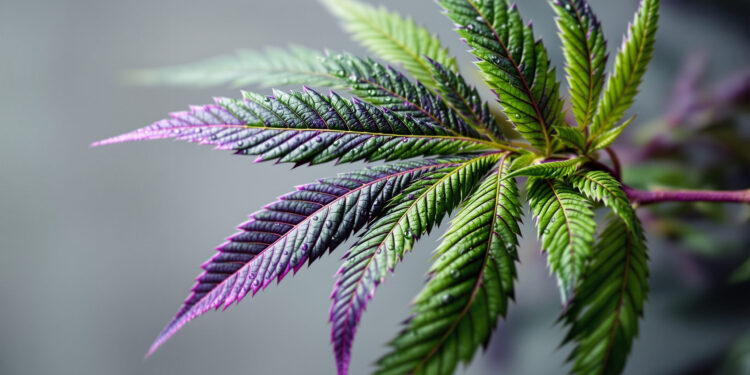 Cannabis-Fächerblatt mit Übergang von grün zu violett