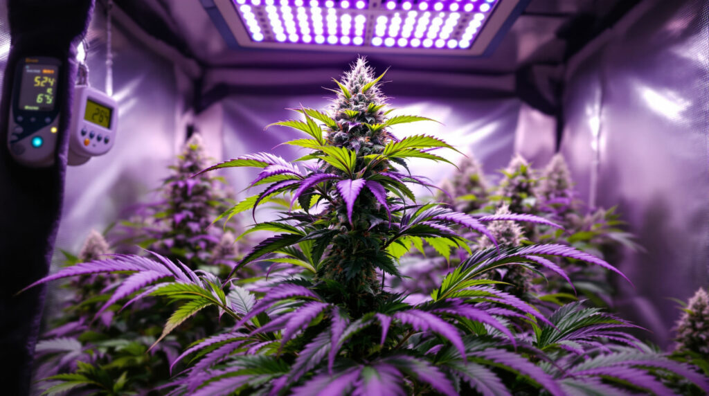 Cannabis in Blütephase mit lila Verfärbung durch Kältestress