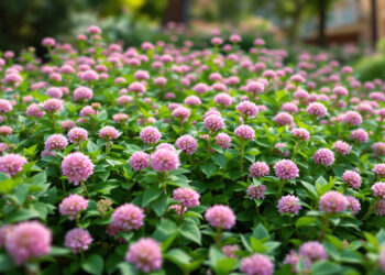 Rosenwaldmeister mit rosa Blüten im Gartenbeet, Nahaufnahme