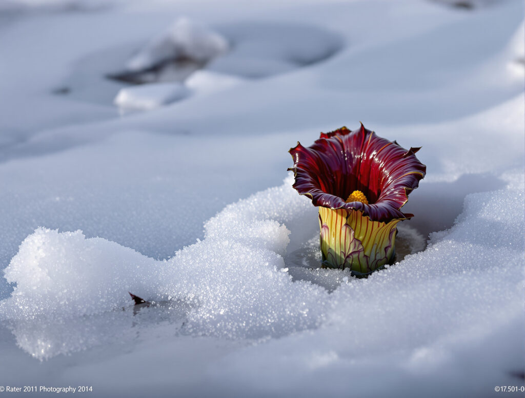 Stinkkohl-Pflanze beim Durchbrechen der Schneedecke im Frühling