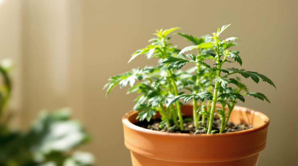 Junge Tagetes-minuta-Sämlinge mit gezähnten Blättern in Tontopf