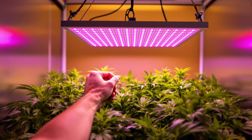 LED-Lampe mit verstellbarem Abstand über Cannabispflanzen
