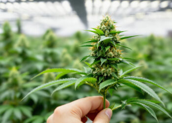Hand hebt Fächerblatt einer Cannabispflanze an und gibt Blick auf darunterliegende Blüte frei