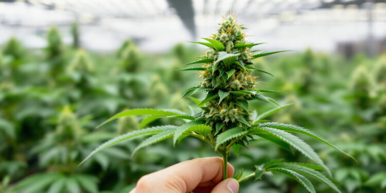 Hand hebt Fächerblatt einer Cannabispflanze an und gibt Blick auf darunterliegende Blüte frei