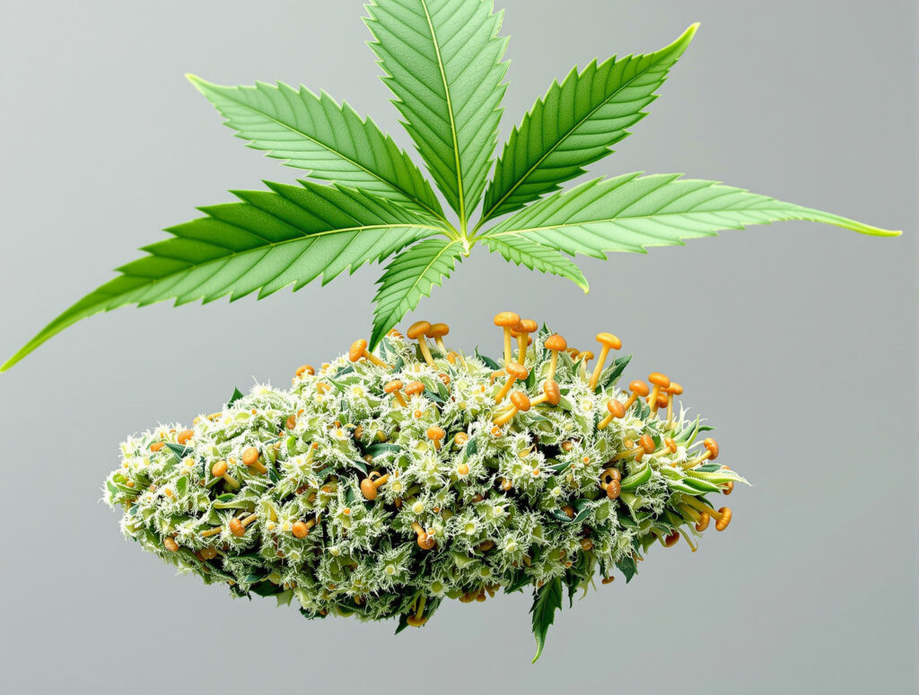 Vergleich zwischen großem Fächerblatt und kleinen trichombedeckten Zuckerblättern an Cannabisblüte