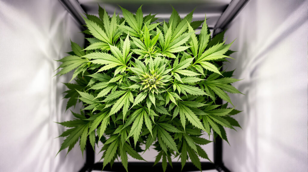 Draufsicht auf dicht belaubte Cannabispflanze mit überlappenden Fächerblättern vor der Entlaubung