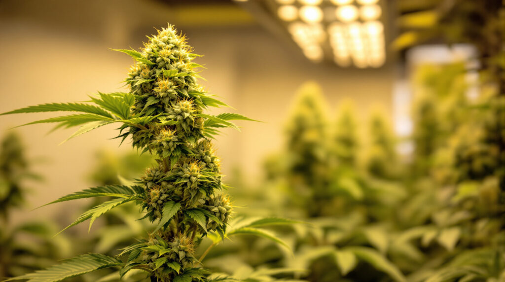 Seitenprofil einer entlaubten Cannabispflanze mit gut belichteten Blütenständen in mehreren Ebenen
