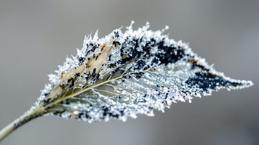 Frostgeschädigtes Cannabis-Blatt mit Gewebeschäden durch Eiskristalle