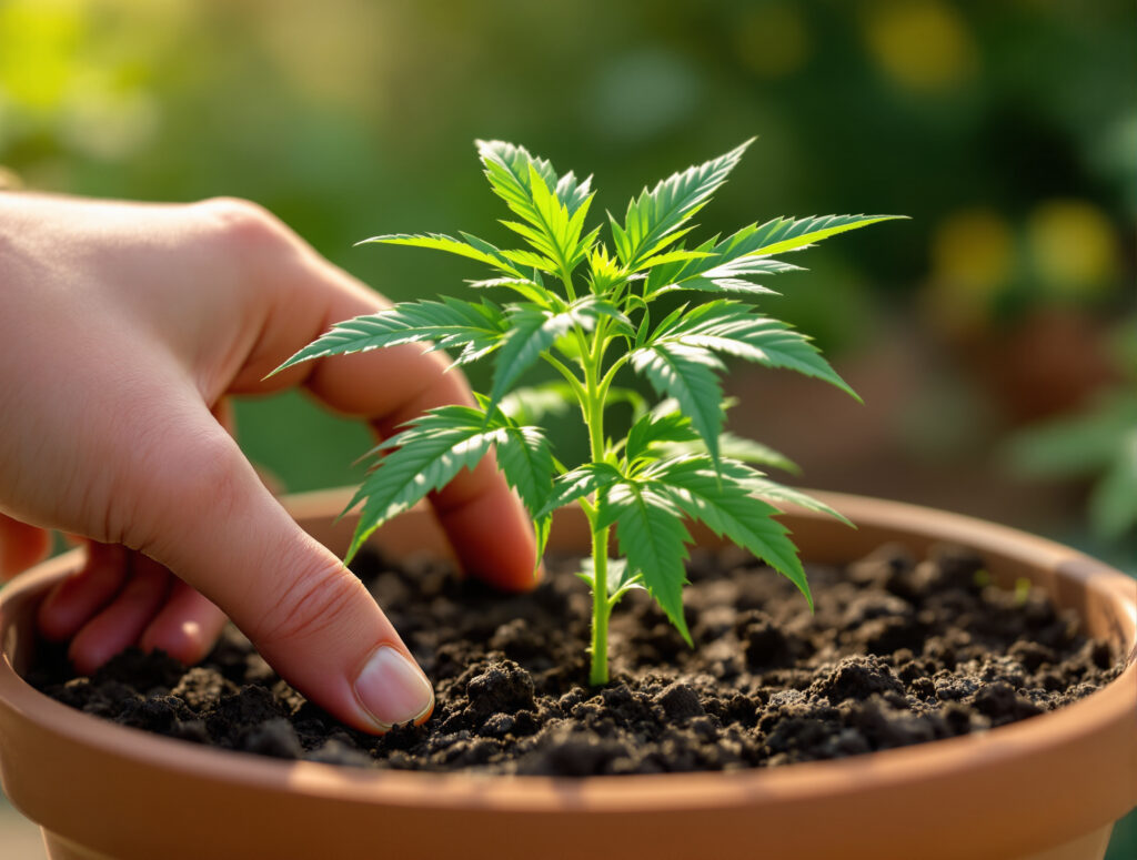 Cannabis-Jungpflanze wird im Freien abgehärtet, Hand prüft Erde