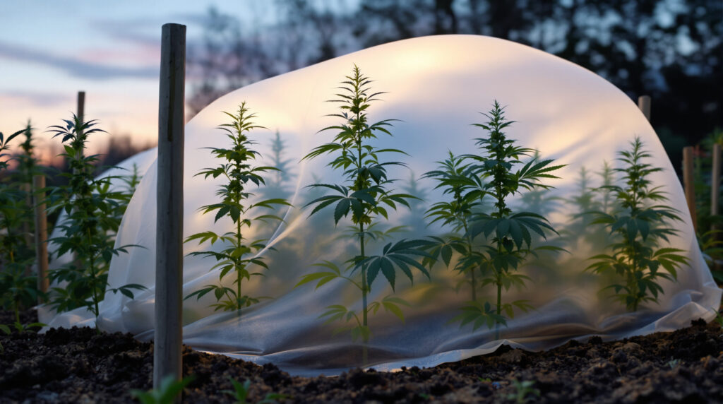 Gartenvlies schützt junge Cannabis-Pflanzen vor Nachtfrost