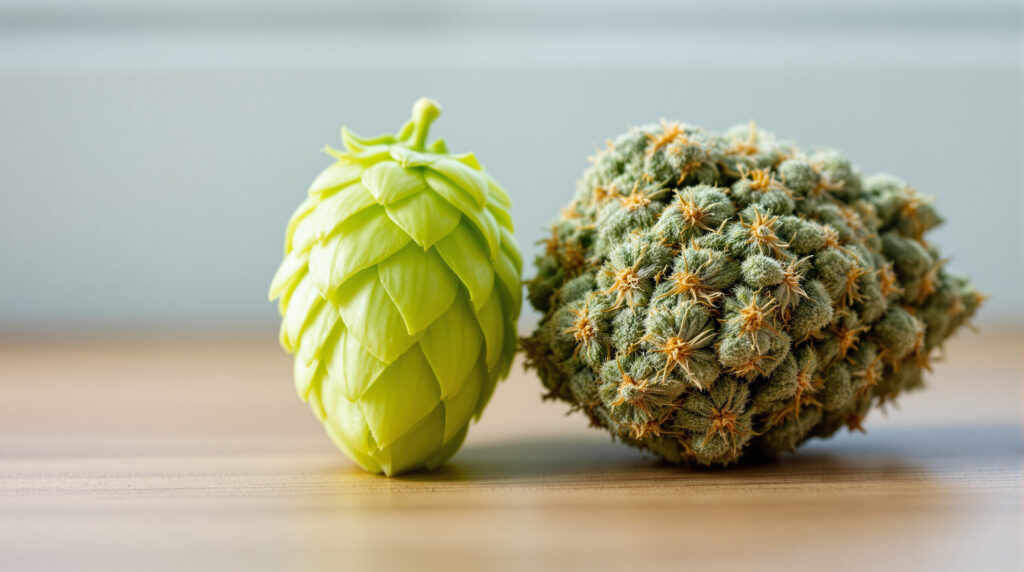 Hopfenzapfen und Cannabisblüte – nahe Verwandte aus der Familie der Hanfgewächse