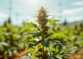 Cannabis-Blatt mit Hitzestress-Symptomen, eingerollte Ränder im Sonnenlicht