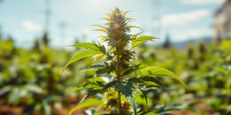 Cannabis-Blatt mit Hitzestress-Symptomen, eingerollte Ränder im Sonnenlicht