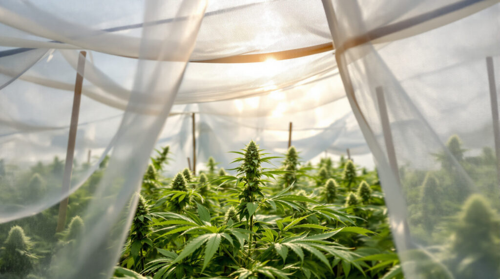 Cannabispflanze unter Schattennetz im Freiland, gefilterte Sonneneinstrahlung