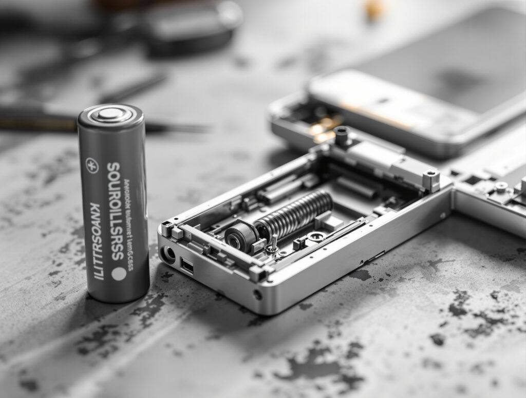 Austauschbarer 18650-Akku neben geöffnetem Batteriefach des Vaporizers