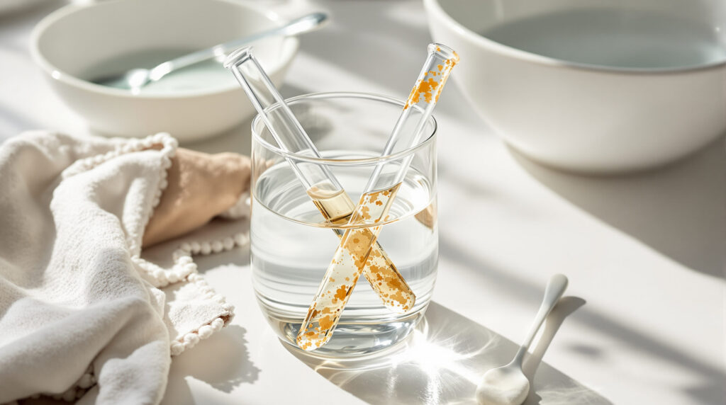 Glasmundstücke in Isopropanol zur Reinigung mit Wattestäbchen daneben