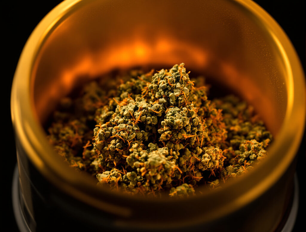 Makroaufnahme einer Verdampferkammer von oben mit Cannabis-Material und Glasdampfweg
