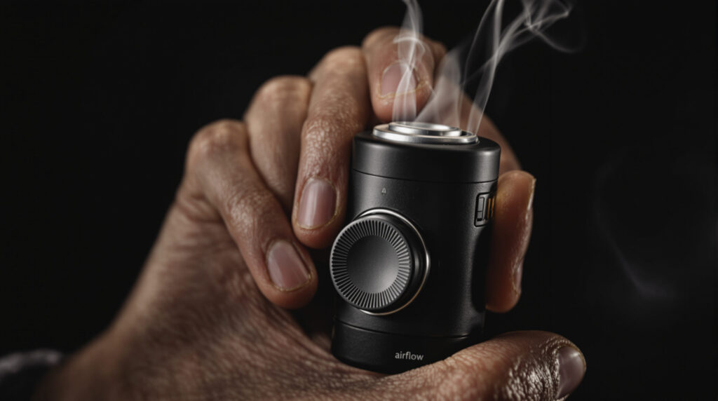 Hand justiert Luftstromregler an der Unterseite eines Vaporizers, Dampf steigt auf